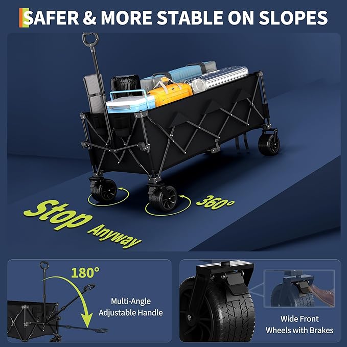 52" Foldable Wagon for Beach with 460lbs Weight Capacity, Heavy Duty 350L Extra Large Collapsible Foldable Wagon for Camping, All Terrain Beach Wagons Extended with Cup Holders for Sand