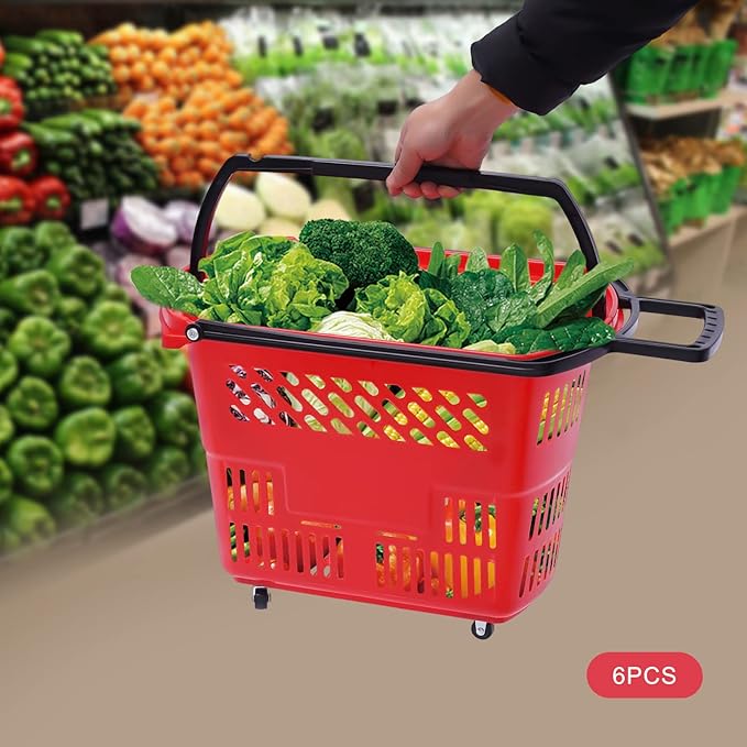 6PCS Plastic Shopping Baskets,35L/9.2Gal Trolley Rolling Shopping Cart Set with Wheels,Grocery Basket with Handles,Portable Utility Cart for Supermarket,Retail Store,Laundry,Fruit Stores (Red)