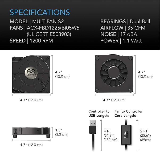 AC Infinity MULTIFAN S2, Quiet 120mm USB Blower Fan with Speed Control, UL-Certified for Receiver DVR Xbox Modem AV Cabinet Cooling