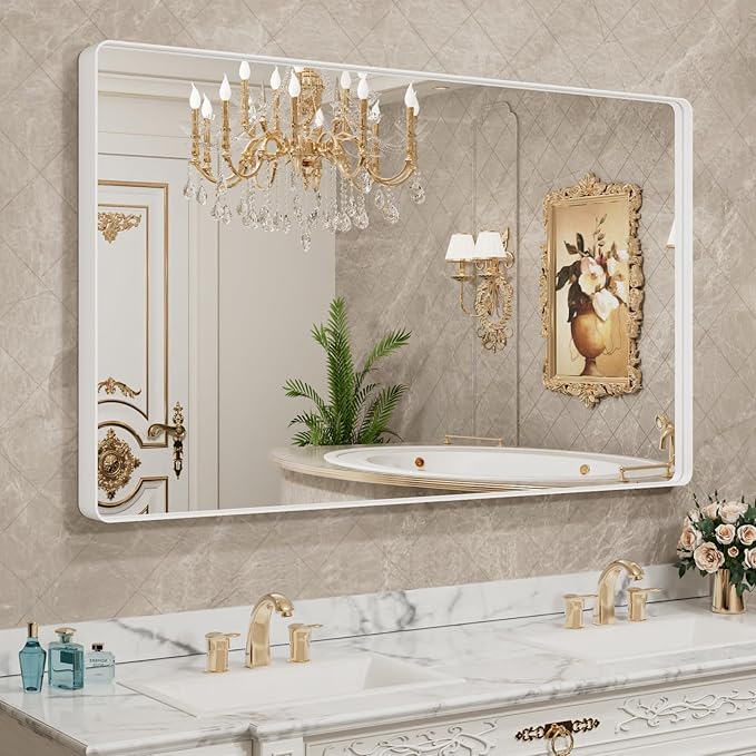 LOAAO 60x40 Inch White Metal Framed Bathroom Mirror for Wall, White Bathroom Vanity Mirror Farmhouse, Large Rounded Rectangle Mirror, Anti-Rust, Tempered Glass, Hangs Horizontally or Vertically