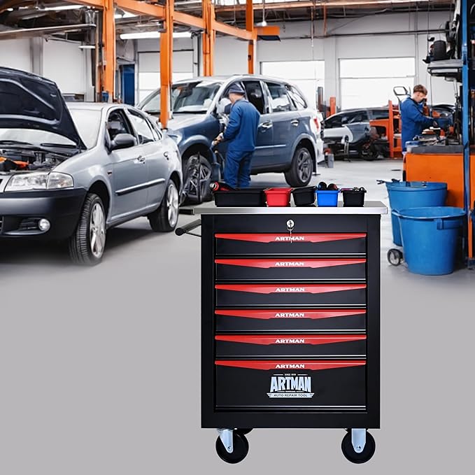 6-Drawer Heavy-Duty Rolling Steel Tool Cart with Handle&Wheels, Metal Storage Organizer Cabinet, Tool Chest for Efficient Tool Storage in Garage, Warehouse, Workshop, Repair Shop, Black&RED