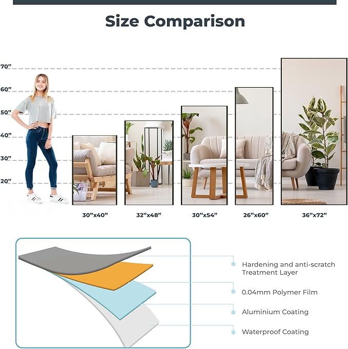 Glassless Large Mirror Shatterproof Unbreakable Wall Mirror for Gym, Dance Studio, Home Workout Room – 0.04mm Nano Film – Chrome 26" x 60"