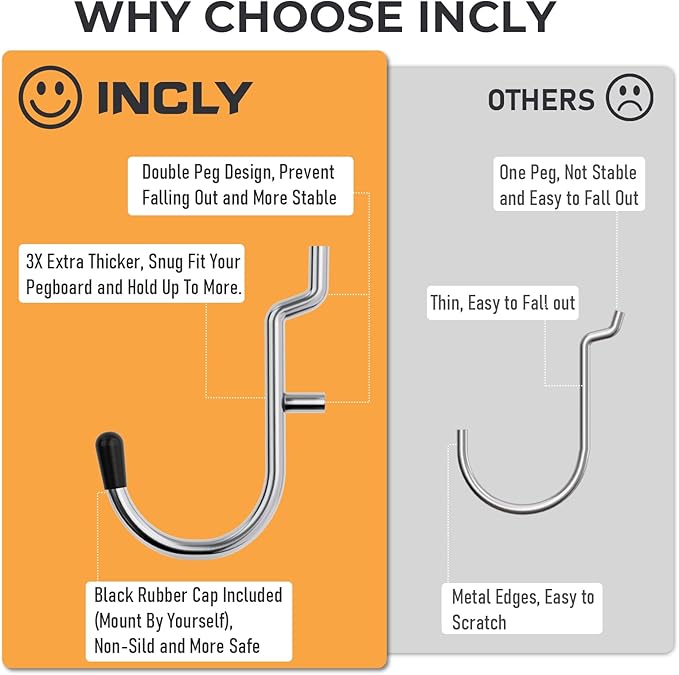 INCLY 1/4 Inch Pegboard Hooks, 100PCS Heavy Duty Metal Pegboard J Hooks Accessories with Peg Locks & Rubber Tipped, Peg Board Tool Hangers Fit 1/4" Pegboard for Wall Hanging Tools or Display Jewelry