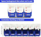 Stackable Storage Bins 12 Pack (11x5x5 Inch), Plastic Stackable Storage Organizer Bins Wall Mounted Hanging Small Parts Bin for Garage, Workbench & Office (Blue & White)