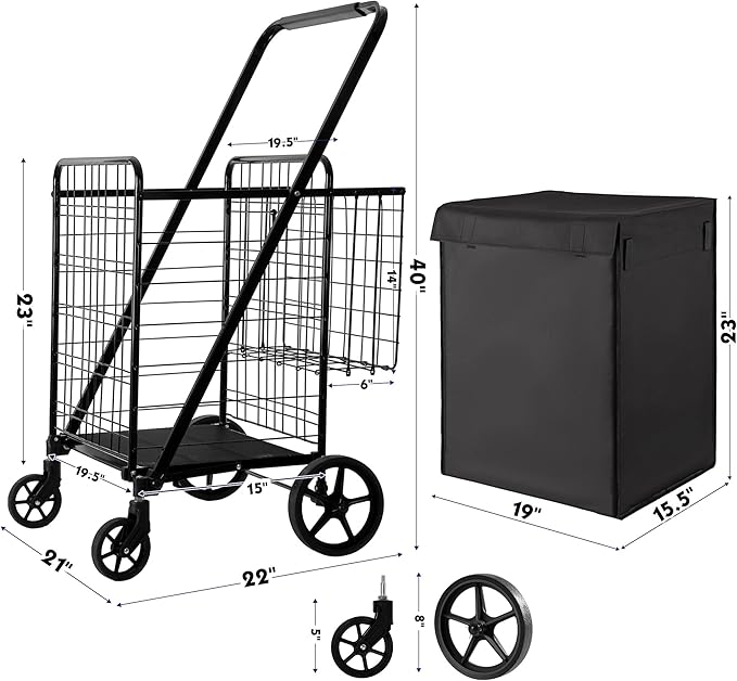 Folding Shopping Cart with Waterproof Liner, Grocery Cart Large Bag with Top Cover, 400 Lb Capacity, Utility Cart with 360° Rolling Swivel Wheels, Extra Large & Extra Basket