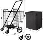 Folding Shopping Cart with Waterproof Liner, Grocery Cart Large Bag with Top Cover, 400 Lb Capacity, Utility Cart with 360° Rolling Swivel Wheels, Extra Large & Extra Basket