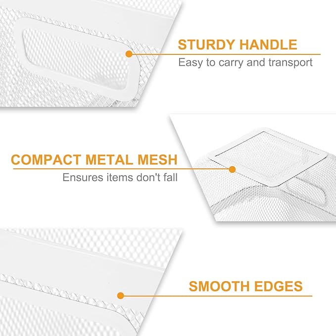 1 Pack Metal Mesh Basket with Hollow Handles White Wire Storage Bin for Organizing Stackable Metal Fine Mesh Basket for Pantry Bathroom Kitchen Cabinets Shelves (Medium)