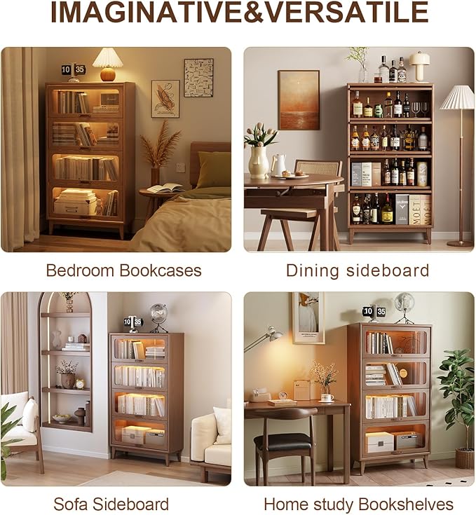 KungFuWood Wooden Bookcase with Tempered Glass Doors, Large Solid Wood Bookshelf Glass Front Bookshelves flip top Display Cabinet case Hidden Glass Doors for Apartments, Home Offices (4 tire 60")