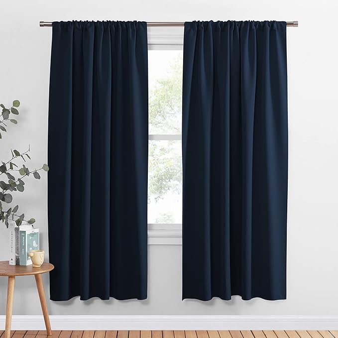 PONY DANCE Curtains Light Block - Thermal Insulated Rod Pocket Draperies Energy Saving/Short Window Covering for Bedroom Bay Windows, 52 Wide by 63 inch Drop, Navy Blue, 2 Panels