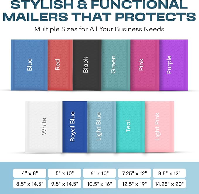 Light Blue Poly Bubble Mailers 7.25x12 inch #1 | Self Seal Padded Envelopes | Cushioned Bubble Mailer | Usable Size 7.25x11 | WaterProof | Lightweight mailing Shipping Bags | 100 Pack Bulk