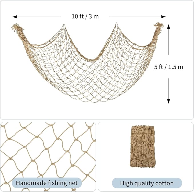 Decorative Fishing Net 2 Pack, 5x10 ft Large Caramel Fish Net Decor for Wall, Photo Display, Nautical Mermaid Pirate Ocean Themed Beach Hawaii Under The Sea Party Decorations