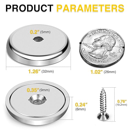 DIYMAG Neodymium Round Base Cup Magnet,100LBS Strong Rare Earth Magnets with Heavy Duty Countersunk Hole and Stainless Screws for Refrigerator Magnets,Office,Craft,etc-Dia 1.26 inch-Pack of 10