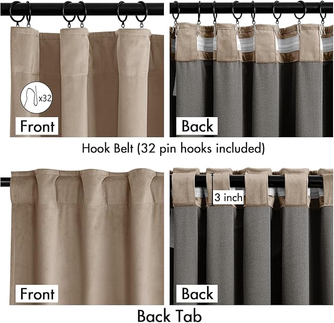 MIULEE Velvet Curtains 90 Inches Long 2 Panels Set for Bedroom, Pinch Pleat Back Tab Luxury Thermal Insulated Living Room Darkening Drapes Pleated Blackout Window Curtains with Hooks, Camel Beige