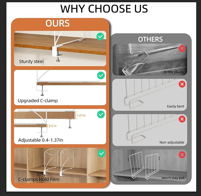2-Piece Wire Shelf Dividers for Closet Organization, Upgraded C-Clips Adjustable Metal Shelf Dividers Suitable For Bedrooms & Kitchens, Storage Helper for Handbag Sweater Shirt Ankle Boots, White