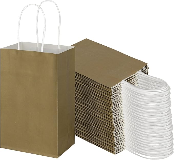 Toovip 100 Pack 5.25x3.25x8.25 Inch Small Gold Kraft Paper Bags with Handles Bulk, Gift Wrap Bags for Favor Grocery Retail Party Birthday Shopping Business Goody Craft Merchandise Take Out Cub Sacks