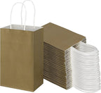 Toovip 100 Pack 5.25x3.25x8.25 Inch Small Gold Kraft Paper Bags with Handles Bulk, Gift Wrap Bags for Favor Grocery Retail Party Birthday Shopping Business Goody Craft Merchandise Take Out Cub Sacks
