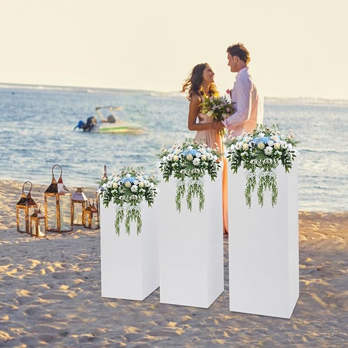 3PCS Metal White Display Pedestal Stand, Square Tall Pedestal Cake Stands Pillars, White Sculpture Display Stand Column Decoration for Wedding Parties Baby Shower Birthday
