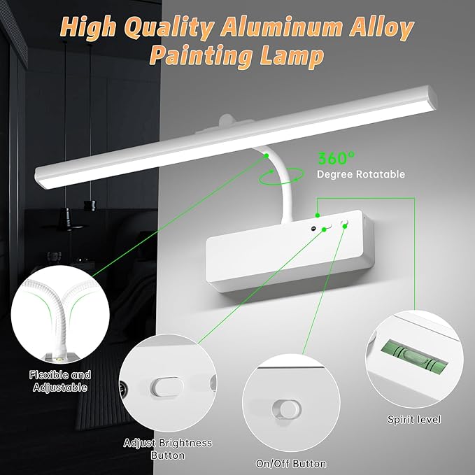 Lightbiz Picture Light, 15.35inch 5400mAh Rechargeable Picture Lights for Wall Battery Operated Wall Lights with Remote, 3 Colors Paintings Light Dimmable Art Light for Artwork, Gallery (White)