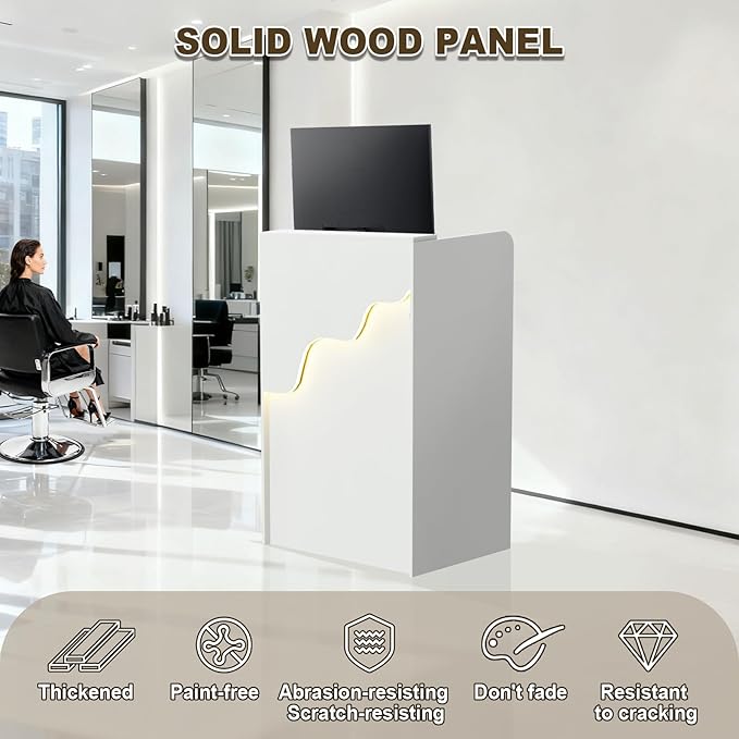 Small Reception Desk with Counter LED Light, Modern Front Desk with Lockable Drawer, White Retail Checkout Counter for Clothing Store Lobby Beauty Salon (White, 37.8x23.6x15.7in)