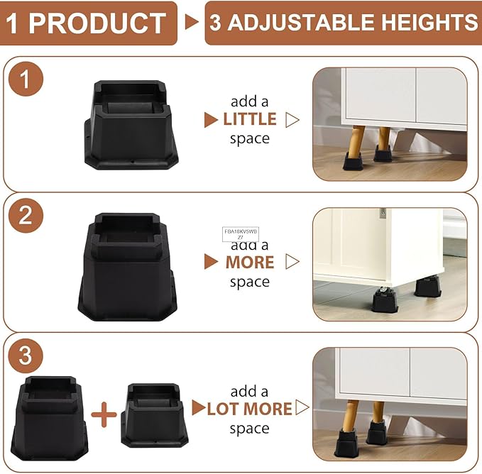 shouwuhho Bed Risers 6 inch, Furniture Risers Elevation in Heights 6 Inch Heavy Duty, Bed Lift Risers for Caster Wheels or Posts of Bed Table Couch, Support up to 6000 lbs, Black, 6 Pack