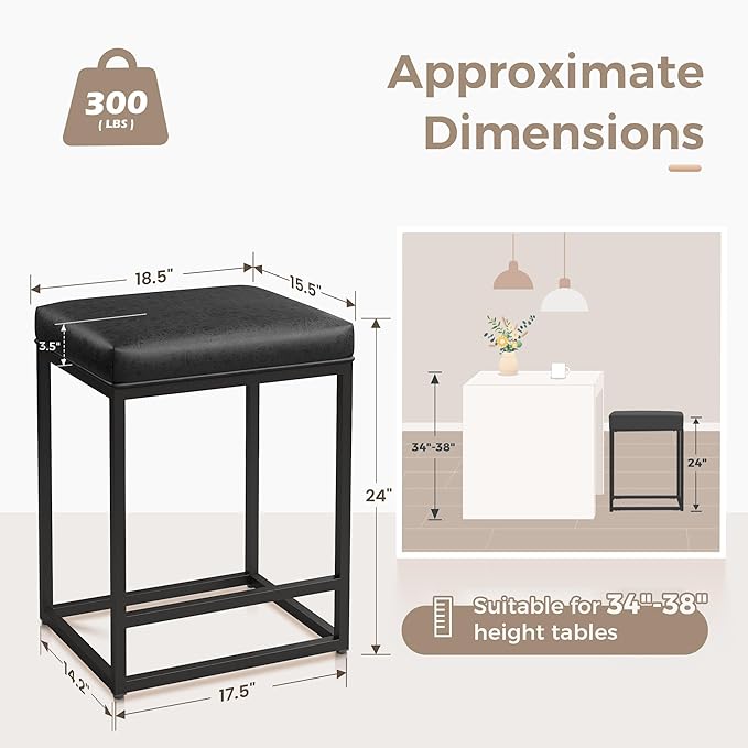 MAISON ARTS Bar Stools Set of 2 | Counter Height Bar Stools for Kitchen Island | Modern Black Barstools with Metal Frame&Faux Leather Upholstery | Farmhouse Backless Bar Stool | 24" Bar Height Stools