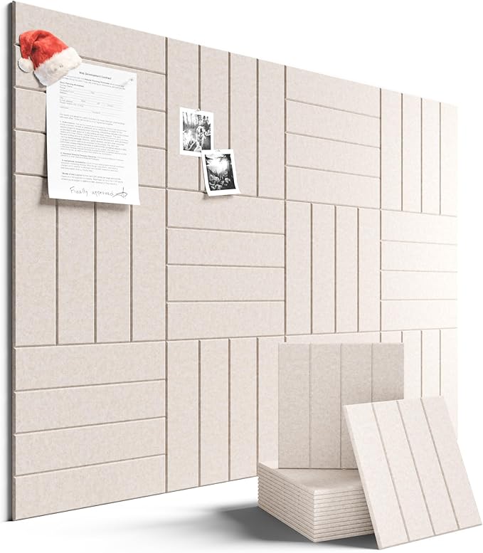 Felt Bulletin Board Tiles Large 48" x 36" Cork Board Alternative-12 Pack with 70 Adhesive Tabs, Thick Slat Wall Panels for Office Decor, Push Pin Board Wall Organizer Alternative -Oatmeal