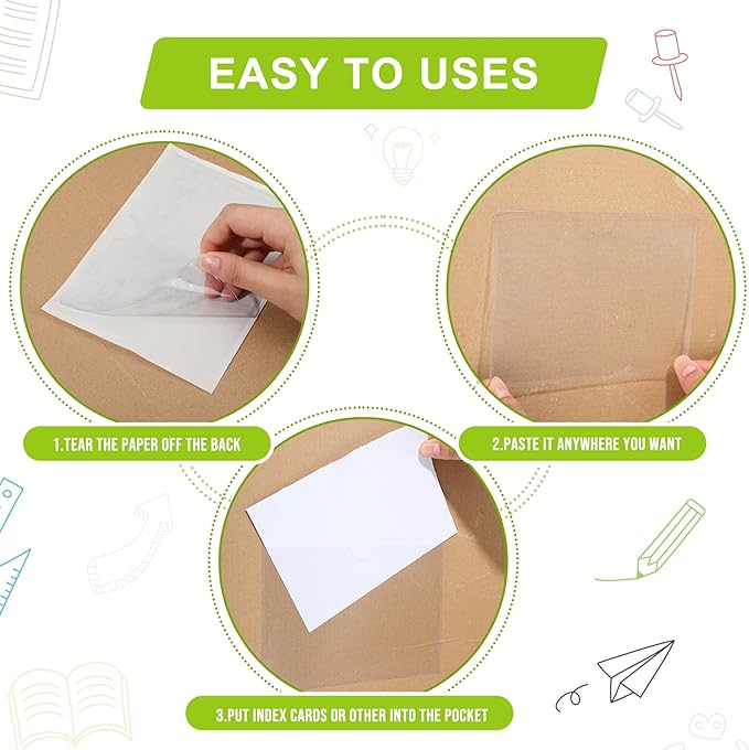 Chinco 50 Pack Clear Adhesive Pockets, Labels for Storage Bins, Plastic Self Adhesive Index Card Holder with Top Open for Organizing Bins Box Drawer(4.3 x 6.3 Inches)