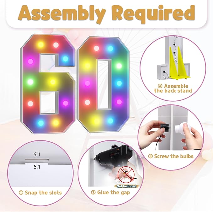 Marquee Numbers Colorful 60th Birthday Decoration: 4FT Large Light Up 60 Year Old Birthday Decorations Anniversary Backdrop Cardboard Sign 18 Colors Number 60 Mosaic Balloon Frame