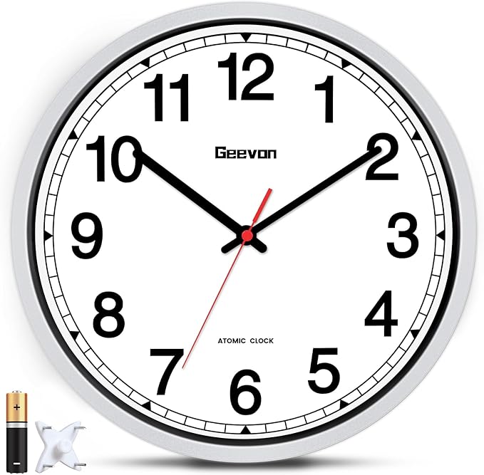 Geevon 16 Inch Atomic Wall Clock - Self-Setting Analog Clock with Automatic Time Sync - Battery Operated for Home Office School - Silver Frame