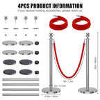 kaiyomi 4Pcs Stanchions with Red Velvet Ropes Set, 5 Feet Velvet Ropes and Posts Poles for Red Carpet Party Decoration and 360° Photo Booth (Silver)