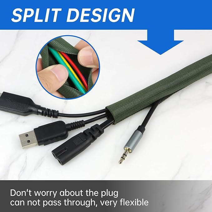 Split Braided Cable Sleeve，Flexible Wire Loom Tubing, Automotive Cord Protector Pet Proof, Cable Management for Computer TV Electric Wires Harness 16ft (Dark Green, 19mm（3/4")