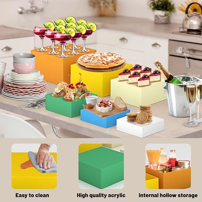 6 Pcs Buffet Food Risers, Large Acrylic Dessert Cupcake Table Stands Fruit Display Shelf Catering Supply Party Jewelry Show Decor Risers Cube Box Nesting Multicolor(10", 9", 8", 7",6.5", 6")