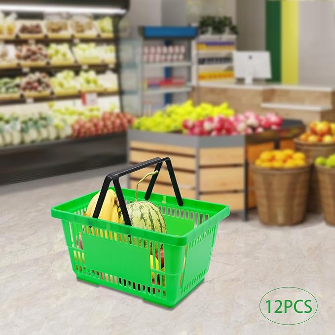 12PCS Green Plastic Shopping Baskets with Handles, Portable Retail Baskets Grocery Basket with Handles,18L Hand Shopping Basket Set for Stores, Supermarket, Retail, Groceries Carrying