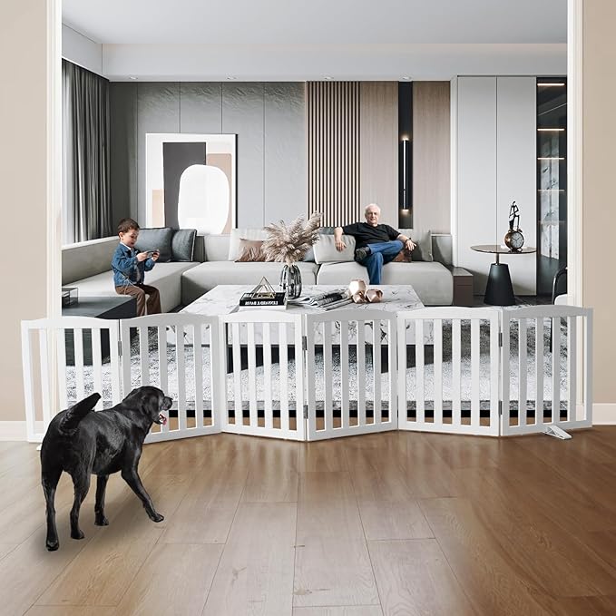 Freestanding Dog Gate Indoor,Doggie Gate Foldable Dog Gates for Doorways,Stairs or Hallways, Wooden White Pet Gate for The House, Pet Fence with Support Feet Included,24 "Height-6 Panels