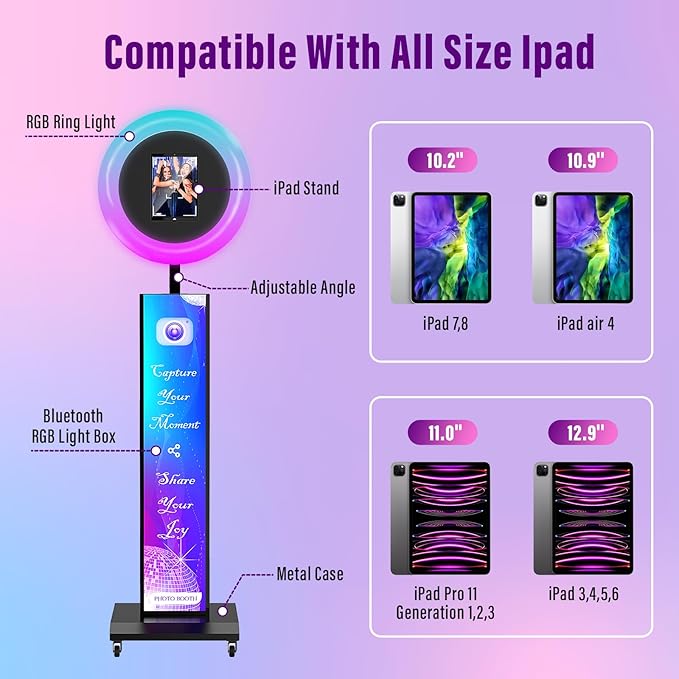 JIYANG Portable Photo Booth Compatible with Any Ipad,Photo Booth Stand Shell with ChackTok PhotoBooth VIP Member and Flight Case,Free Custom Logo,Perfect for Parties,Wedding and Events,Honeycomb Case