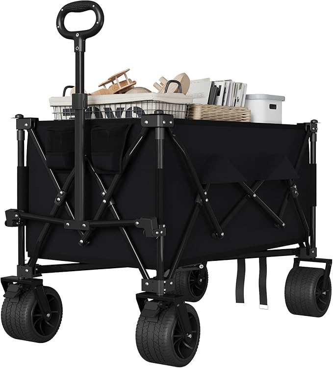35" Foldable Wagon for Beach with 350lbs Weight Capacity, Heavy Duty 280L Extra Large Collapsible Foldable Wagon for Camping, All Terrain Beach Wagons Extended with Cup Holders for Sand
