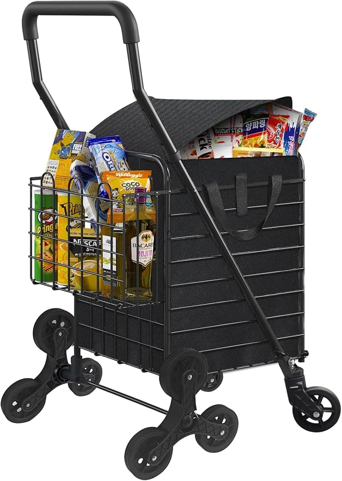 Grocery Shopping Cart with Waterproof Liner Stair Climber Utility Cart Easily Collapsible Cart with Tri-Wheels, 66lb Extended Foam Cover, Trolley for Stair, Laundry, Travel (Black-)