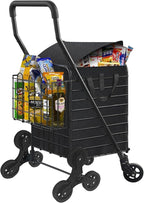 Grocery Shopping Cart with Waterproof Liner Stair Climber Utility Cart Easily Collapsible Cart with Tri-Wheels, 66lb Extended Foam Cover, Trolley for Stair, Laundry, Travel (Black-)