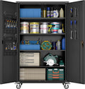 Aobabo Upgraded Wide & Deep Garage Storage Cabinet with Wheels, Metal Storage Cabinet with Door Pegboards and 2 Rod for Garage Home Storage (Black, 43.3''W x 21.9''D x 72''H),Required Assembly