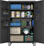 Aobabo Upgraded Wide & Deep Garage Storage Cabinet with Wheels, Metal Storage Cabinet with Door Pegboards and 2 Rod for Garage Home Storage (Black, 43.3''W x 21.9''D x 72''H),Required Assembly