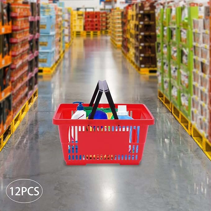 12PCS Shopping Baskets with Handles, Portable Wire Shopping Basket,Open&Stackable Design for Supermarket, Retail, Bookstore (Red)
