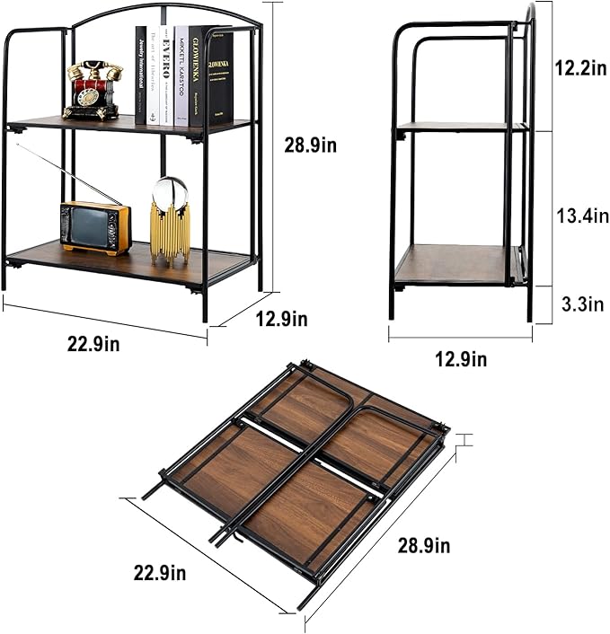 Crofy No Assembly Folding Bookshelf for Living Room, 2 Tier Black Collapsible Book Shelf for Home Office, Portable Bookcase Storage Organizer