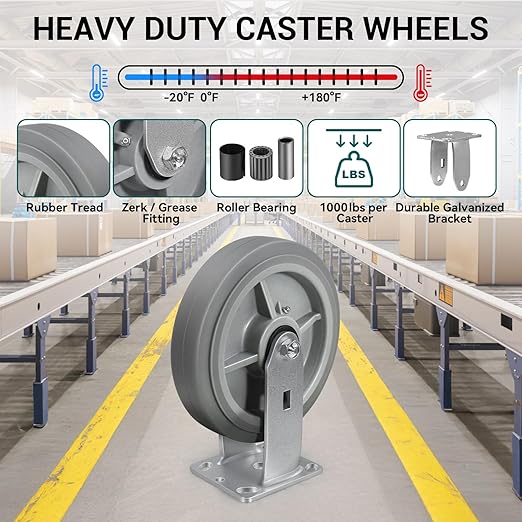 8'' × 2'' Caster Wheel, Heavy Duty Industrial Caster, Rubber Wheels with Roller Bearing, Load 1000lbs per Casters for Cart Dolly Toolbox Trolley (1 Rigid)
