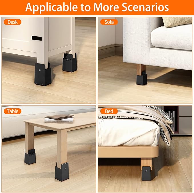 4Pack Bed Risers with Adjustable Screw Clamp, Fit Thickness of Furniture Frame from 0 to 2 Inch, Elevation in Heights 4" Heavy Duty Risers for Lifting Couch Desk Table Cabinet Nightstand, Grey