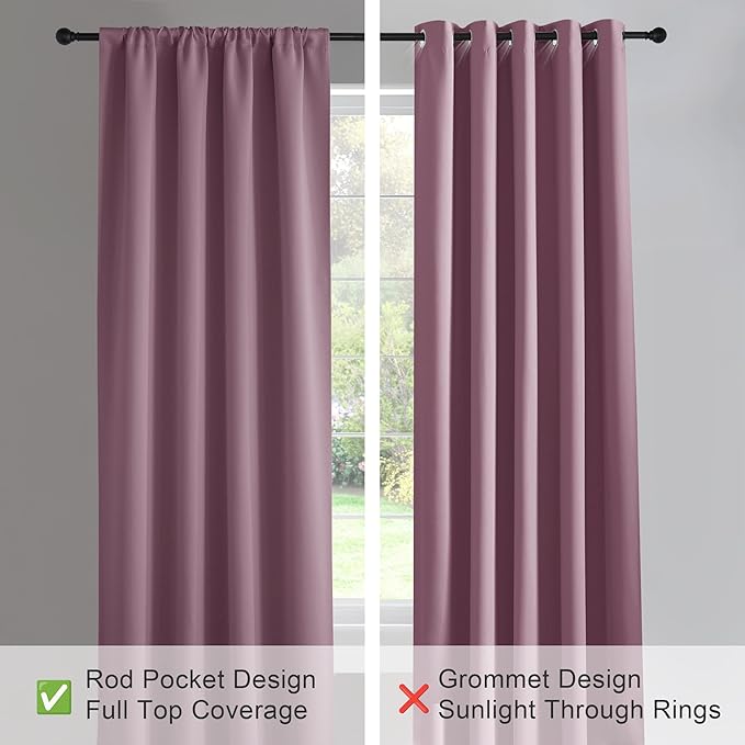 PONY DANCE Blackout Curtains for Bedroom 90 inches Long 2 Panels Set, Thermal Insulated Rod Pocket Black Out Window Drapes, Noise Reducing Window Treatment for Living Room(W42 x L90 inch, Dusty Rose)