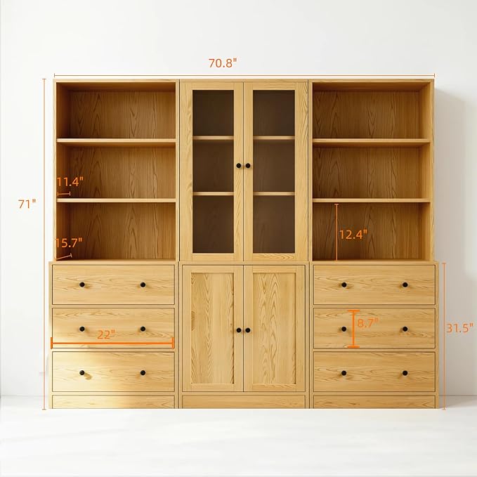 TUSY 71" H Bookshelf Bookcase with Doors, 3-Tier Modern Bookshelves with 3 Large Drawer, Display Bookcase with Glass Doors, Modern 5-Tier Curio Cabinet for Home Office, Dining Room (Wood, BAB)