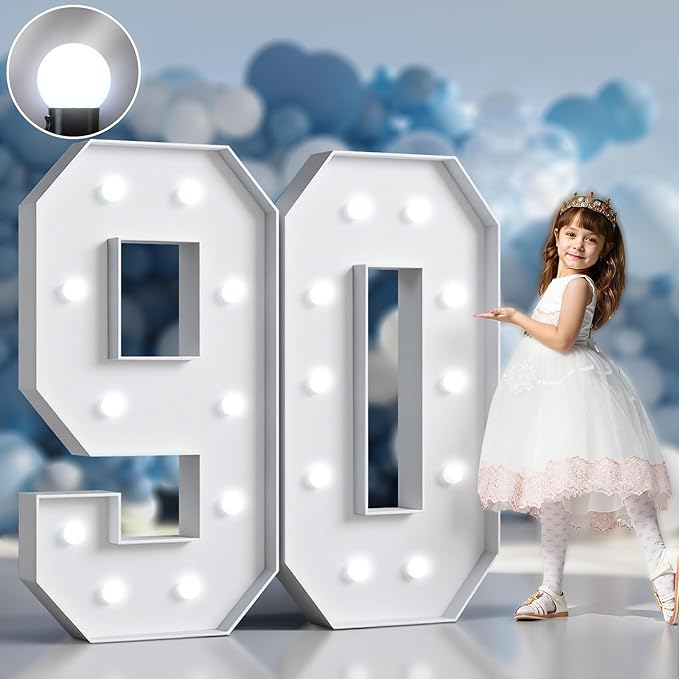 Marquee Numbers 4 Feet Tall Big Light Up Numbers 90th Birthday Decorations Women Men White Anniversary Party Decor Large Cardboard Prop Backdrop Sign 90