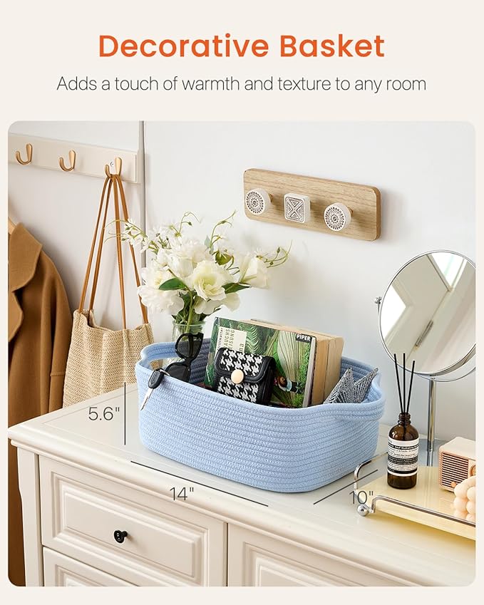 KALLAX Small Woven Basket, 14 x 10 x 5.6 Inches, Small Storage Baskets for Organizing, Gift Baskets Empty, Cute Rope Shelf Closet Storage Bins for Shelves, Dog Toy Basket, Light Blue