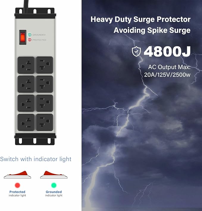 CCCEI Grey Heavy Duty Power Strip Surge Protector 20 AMP, 8 Outlets 12 Gauge Industrial Shop Garage Metal Multiple Outlets, 20 FT Extension Cord 5-15P Adapter High Amp 6-20R T-Slot 20a for Appliance