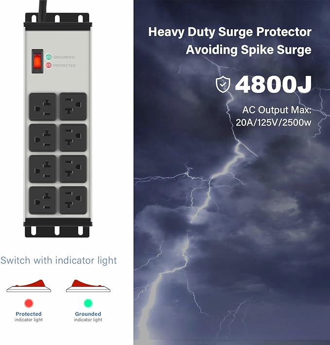 CCCEI Heavy Duty Power Strip Surge Protector 20 AMP, 8 Outlets 12 Gauge Industrial Shop Garage Metal Multiple Outlets, 15 FT Extension Cord 5-15P Adapter High Amp 6-20R T-Slot 20a for Appliance
